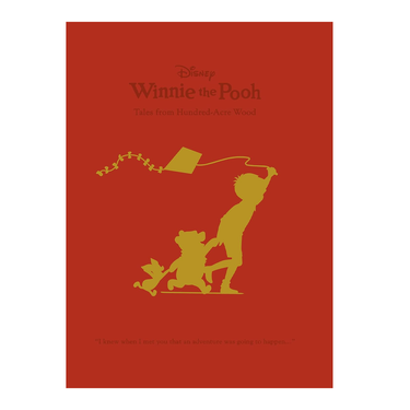 Winnie the Pooh book cover with silhouette of Christopher Robin and Winnie the Pooh flying a kite on a red background