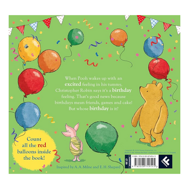 Illustrated book cover with Pooh and friends, balloons, and text on a green background