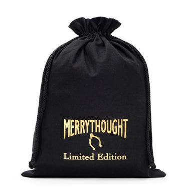 Black drawstring bag with 'Merrythought Limited Edition' text on a white background