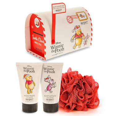 Winnie the Pooh-themed bath and body set with packaging, body wash, lotion, and loofah on a white background.