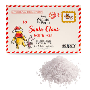 Winnie the Pooh-themed bath salts packaging with text and Mad Beauty branding.