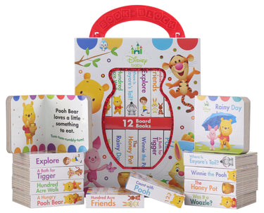 Set of Winnie the Pooh books with colorful covers and a red handle on a white background