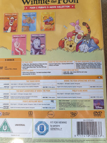 Back cover of a Winnie the Pooh DVD collection with character illustrations and text.