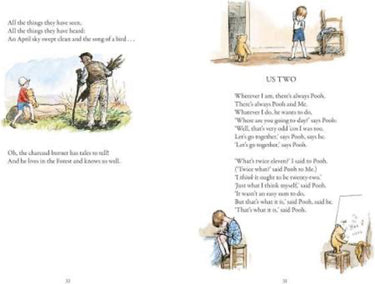 Illustrated book page with characters and text, featuring a child, a bird, and a man in a forest setting.