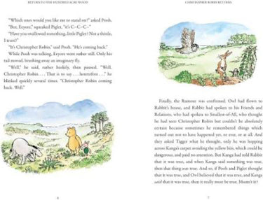 Illustrated book page from 'Winnie the Pooh' with characters and landscape.