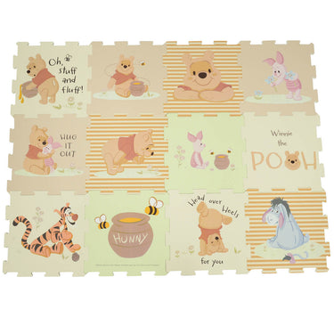 Winnie the Pooh play mat with character illustrations and text on a white background