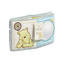 A Winnie the Pooh themed baby activity book with a blue and white striped cover, featuring an image of the character and a baby-safe mirror.