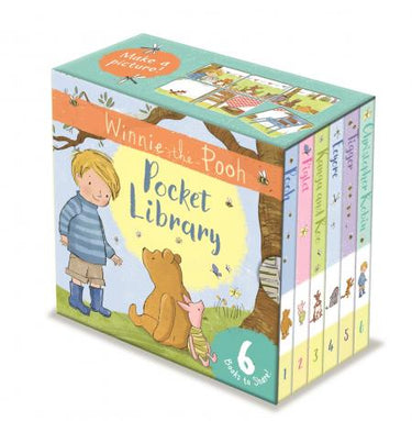 A set of six 'Winnie-the-Pooh' books in a pocket library edition, featuring illustrations and a young style inspired by E.H.
